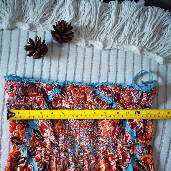 Angie Boho Maxi Dress–Red Blue Paisley Strapless Smocked Winter Layering Look - Picture 5 of 8